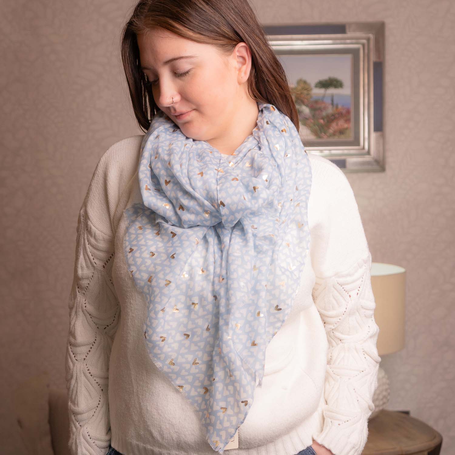 LIGHTWEIGHT SCARF METALLIC HEARTS BLUE