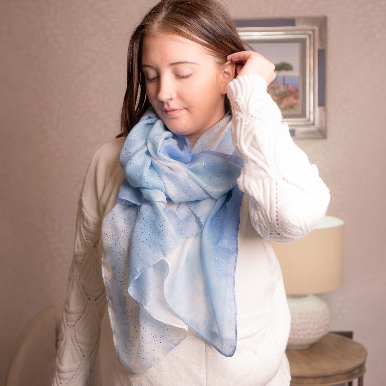 LIGHTWEIGHT SCARF ABSTRACT METALLIC BLUE