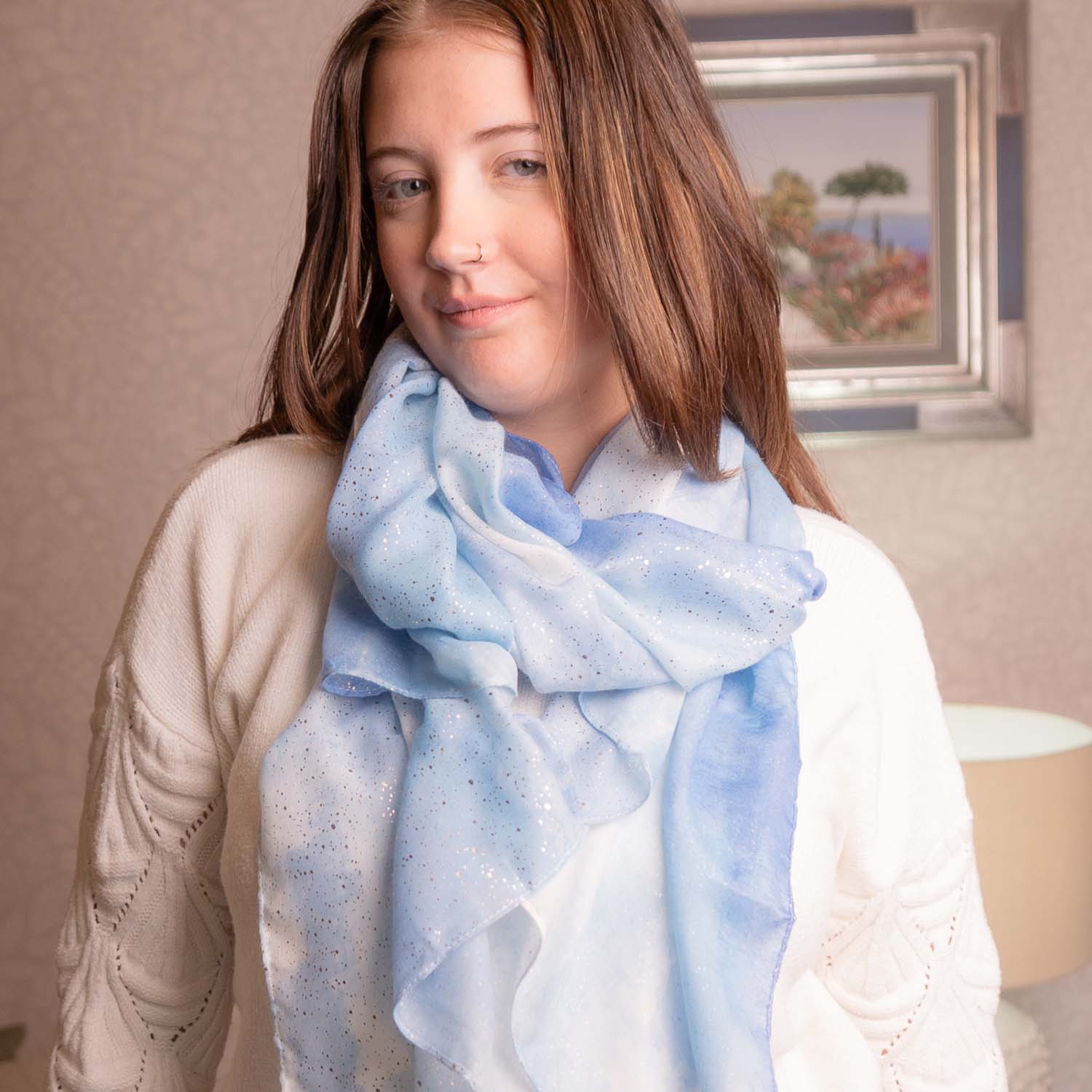 LIGHTWEIGHT SCARF ABSTRACT METALLIC BLUE