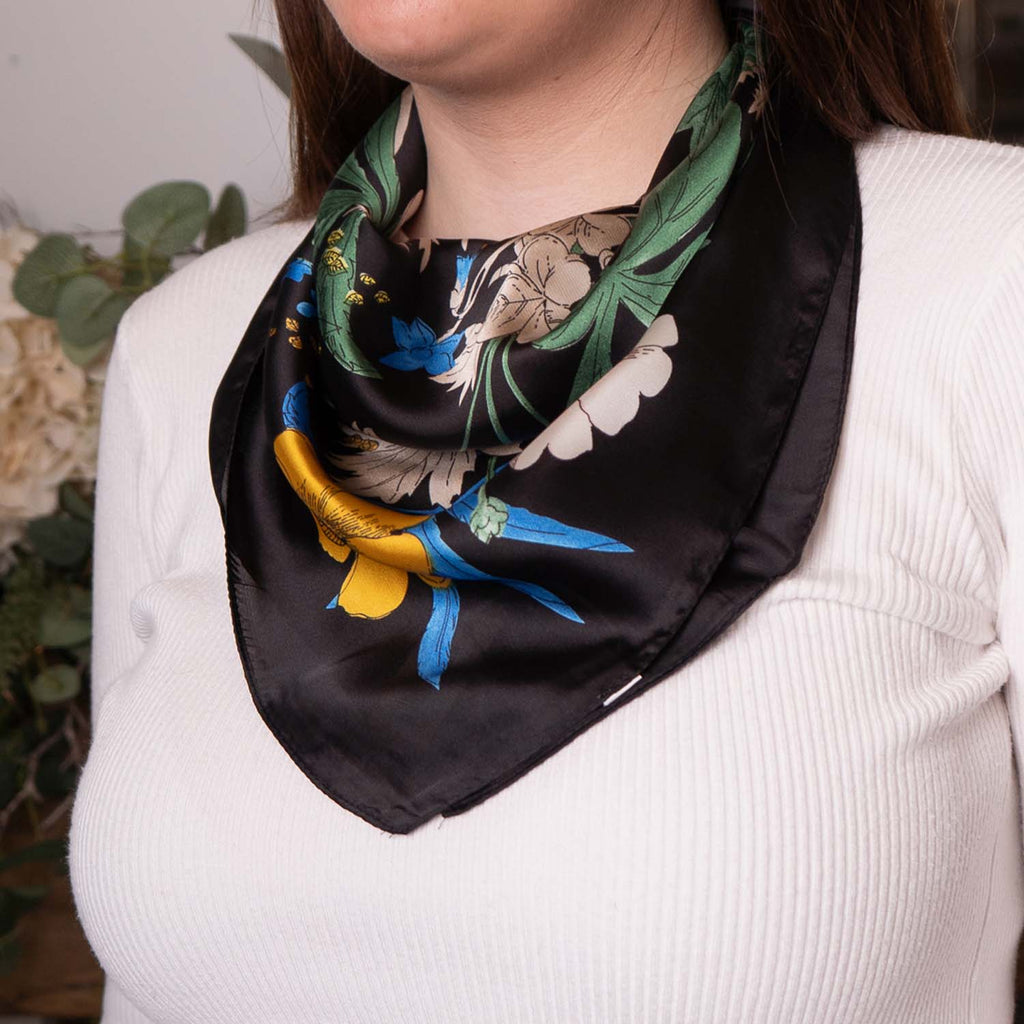 SATIN NECKTIE TROPICAL FLORAL BLACK