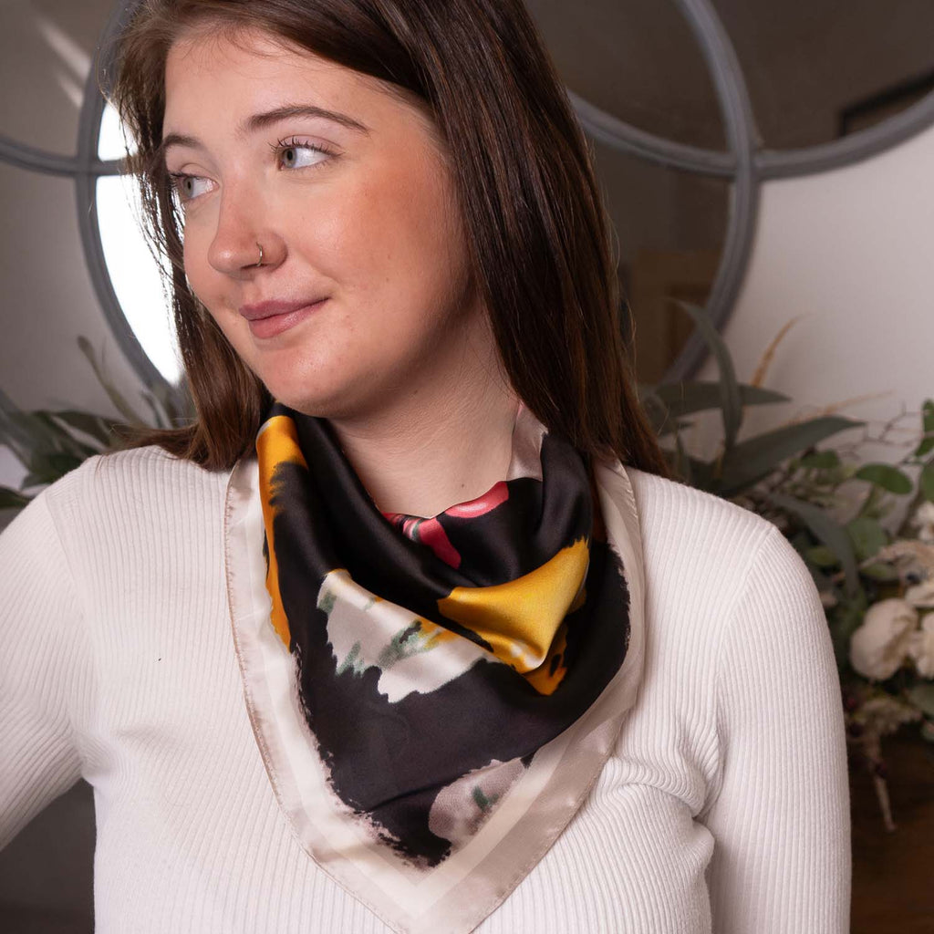 SATIN NECKTIE ABSTRACT FLORAL BLACK