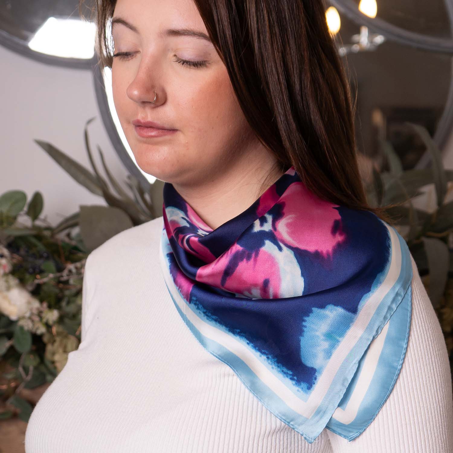 SATIN NECKTIE ABSTRACT FLORAL BLUE