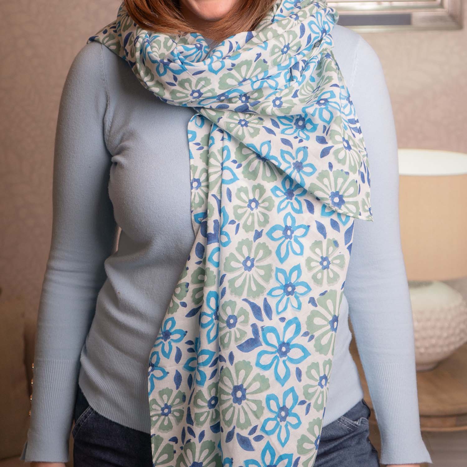 PURE COTTON SCARF KANTHA DAISIES BLUE