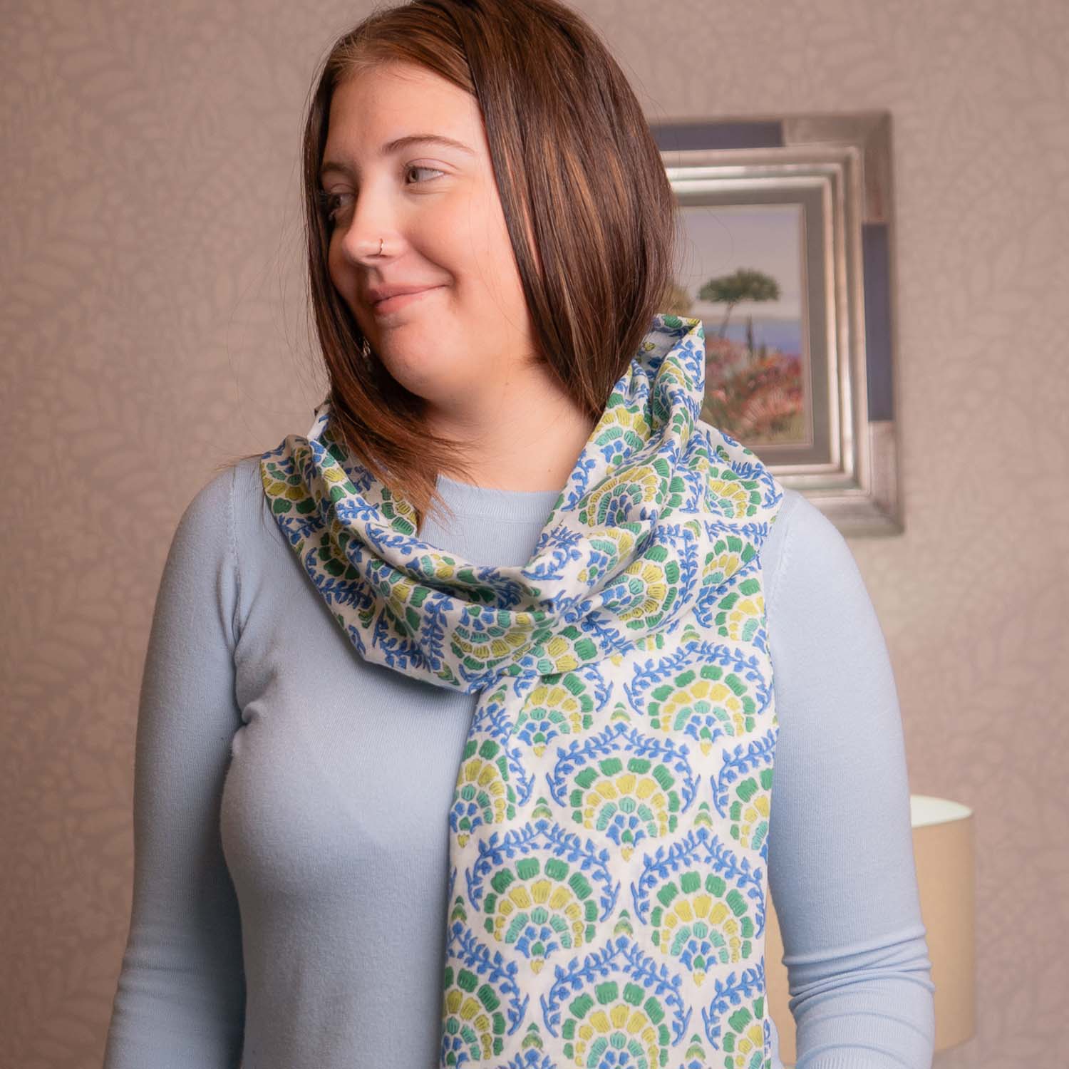 PURE COTTON SCARF PEACOCK TAIL BLUE