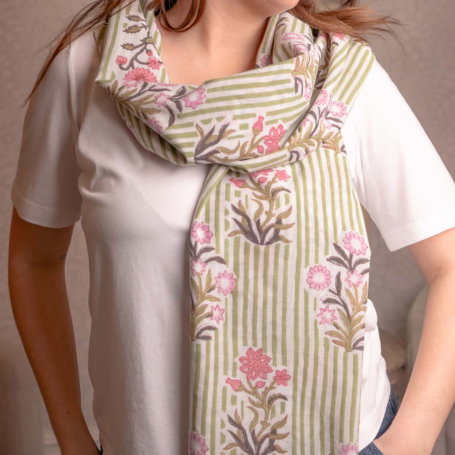 PURE COTTON SCARF KANTHA GARDEN GREEN