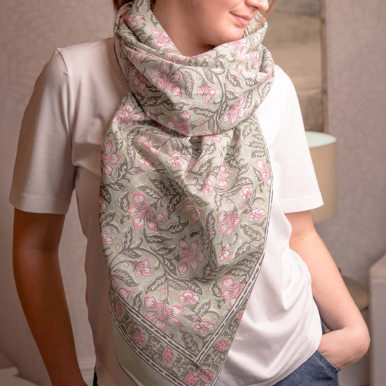 PURE COTTON SCARF KANTHA FLORAL GREEN