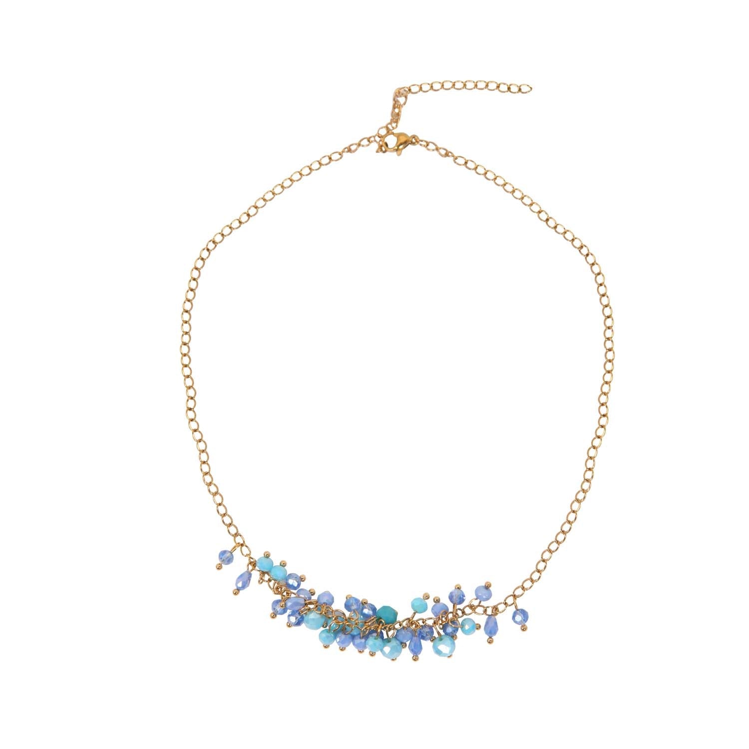 NECKLACE HANDMADE BLUE GLASS BEADS 14K GOLD PLATED