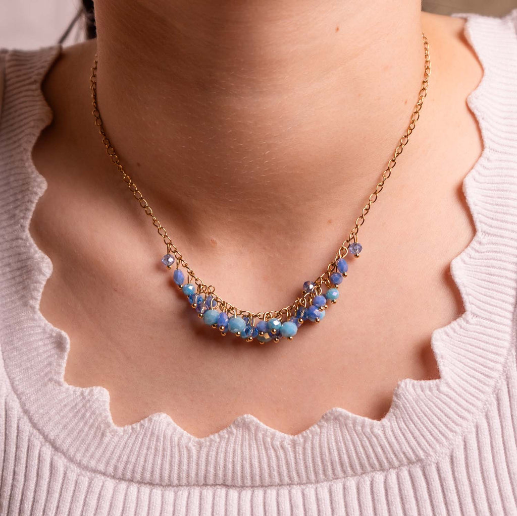 NECKLACE HANDMADE BLUE GLASS BEADS 14K GOLD PLATED