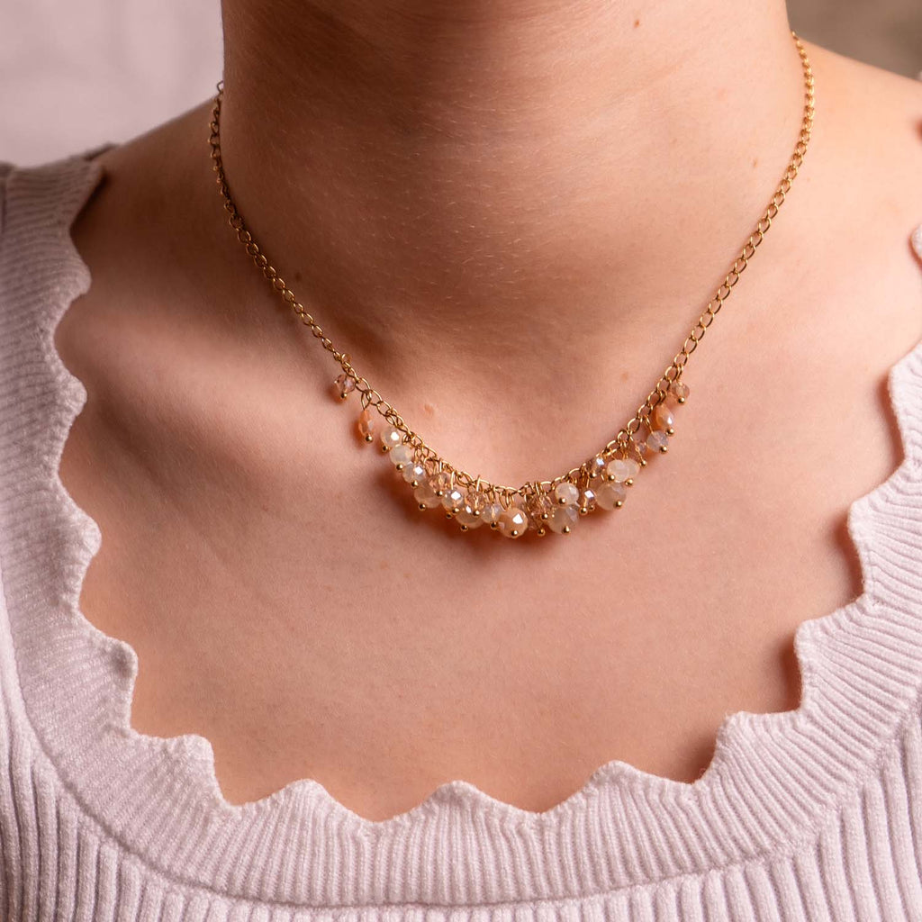 NECKLACE HANDMADE NEUTRAL GLASS BEADS 14K GOLD PLATED