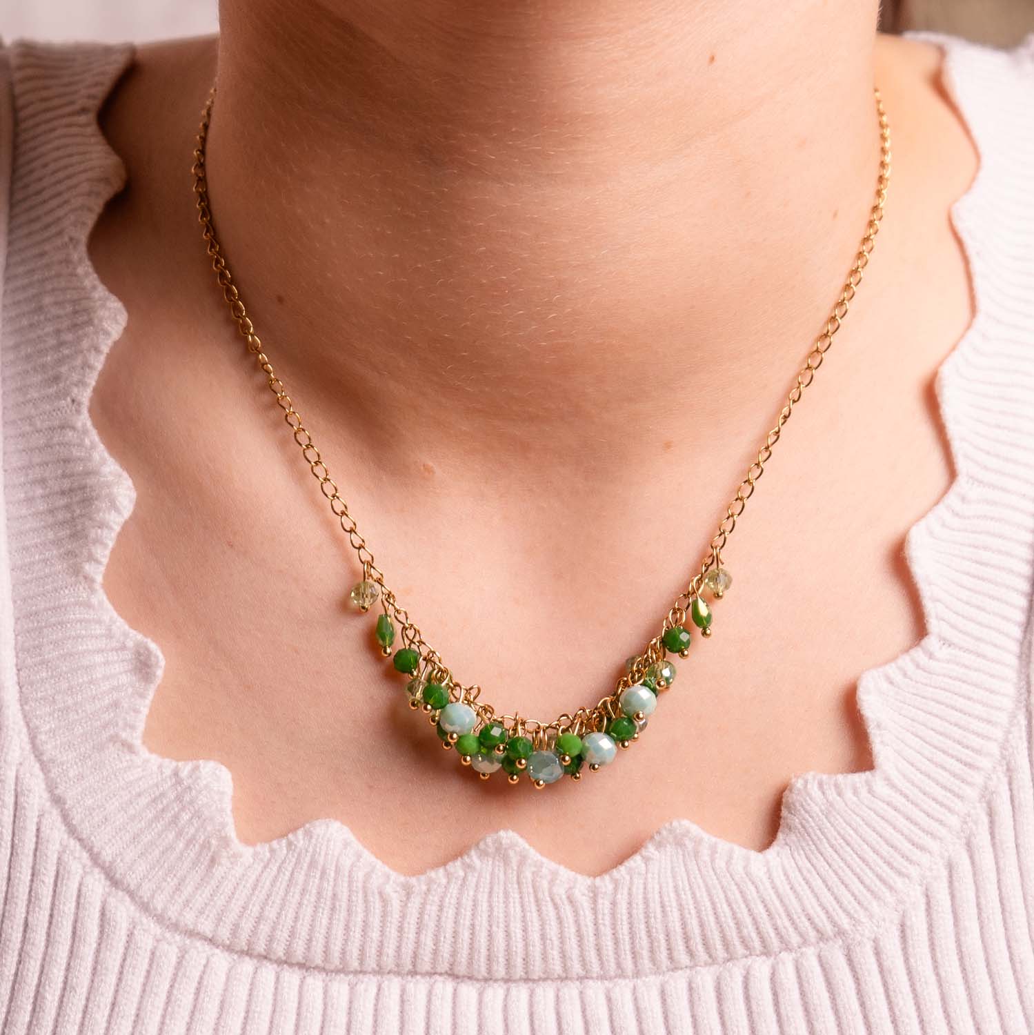 NECKLACE HANDMADE GREEN GLASS BEADS 14K GOLD PLATED