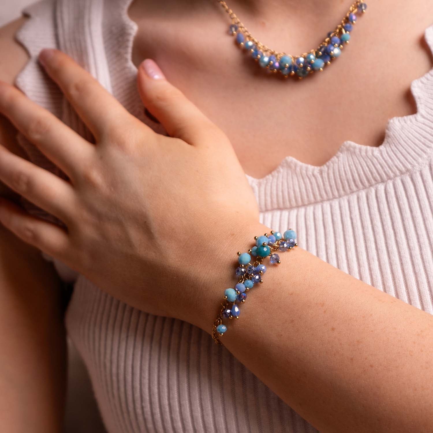 BRACELET HANDMADE BLUE GLASS BEADS 14K GOLD PLATED