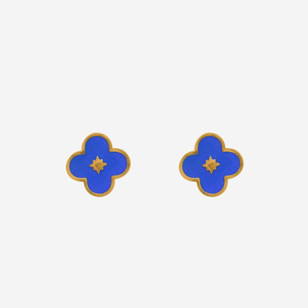 STUD EARRING ENAMEL FLOWER BLUE 14K GOLD PLATED