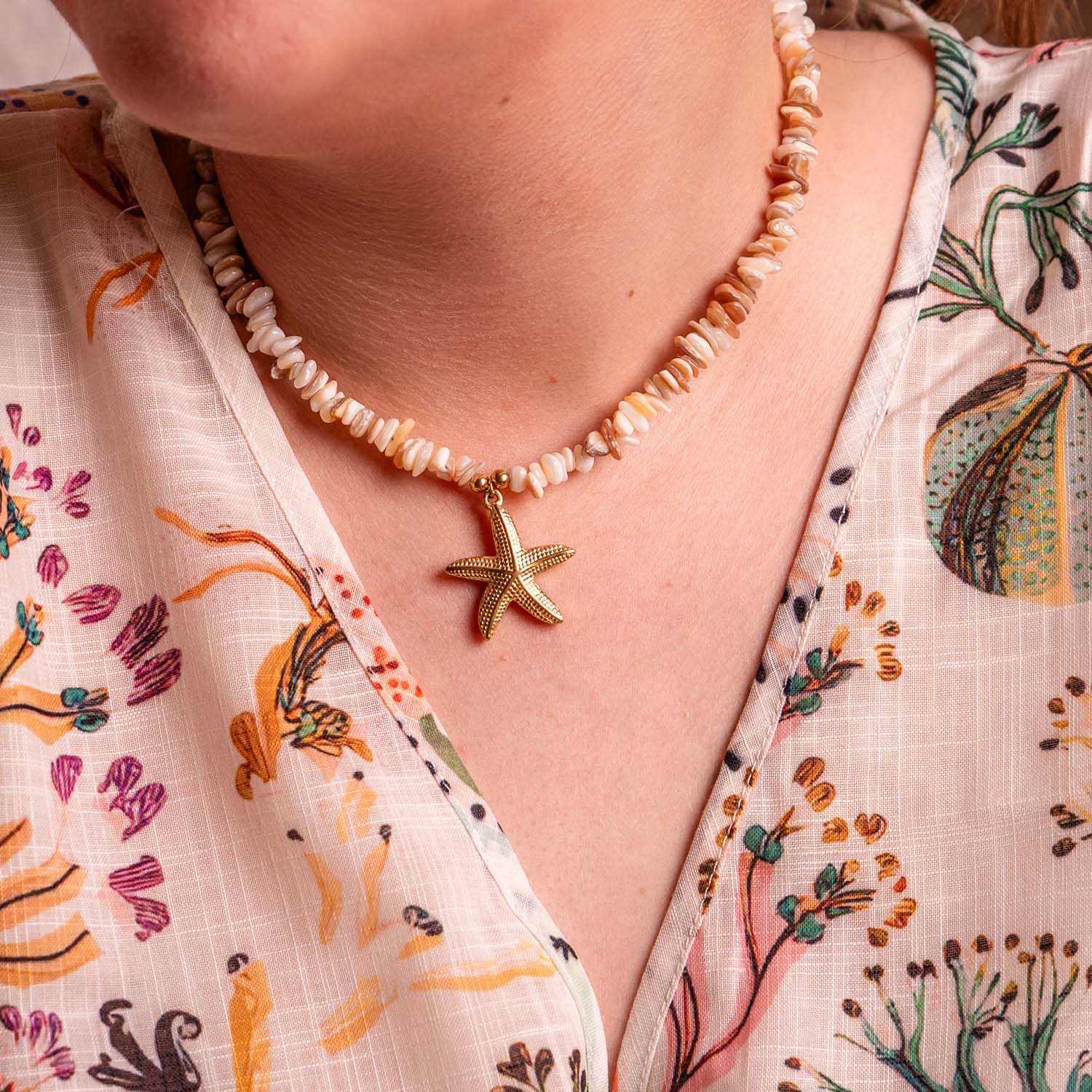 NECKLACE HANDMADE SHELL STARFISH NATURAL 14K GOLD PLATED