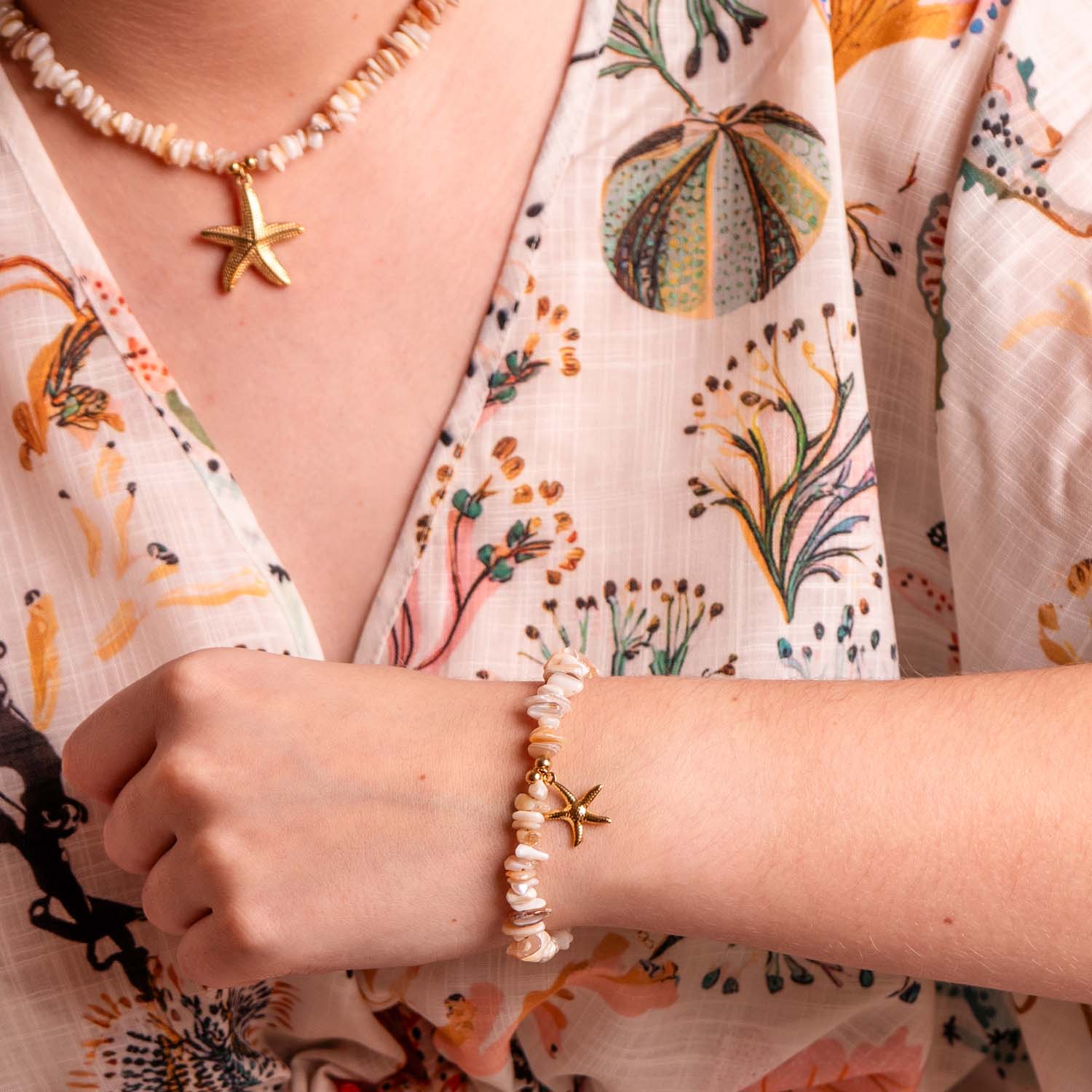BRACELET HANDMADE SHELL STARFISH NATURAL 14K GOLD PLATED
