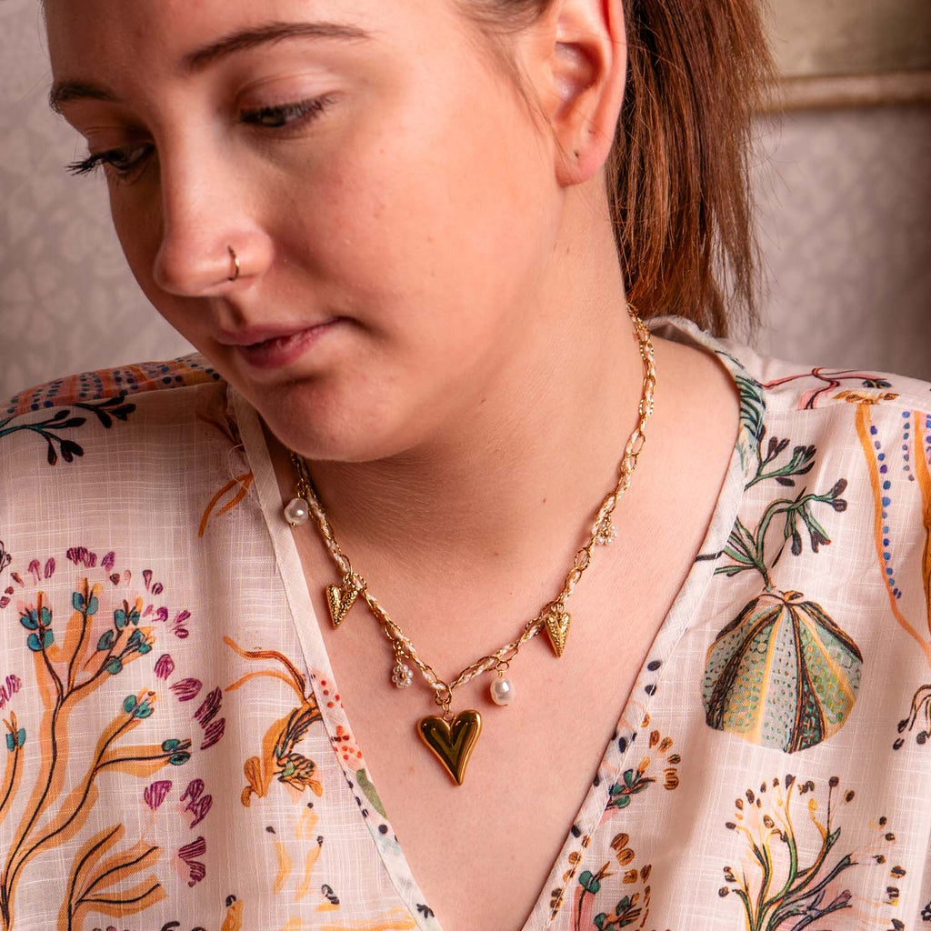 NECKLACE HANDMADE HEART MULTICHARM 14K GOLD PLATED
