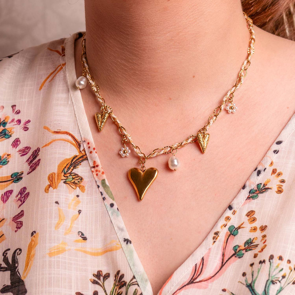 NECKLACE HANDMADE HEART MULTICHARM 14K GOLD PLATED