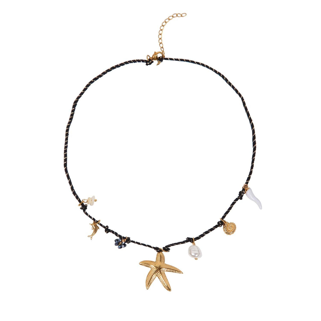 NECKLACE HANDMADE STARFISH MULTICHARM BLACK 14K GOLD PLATED