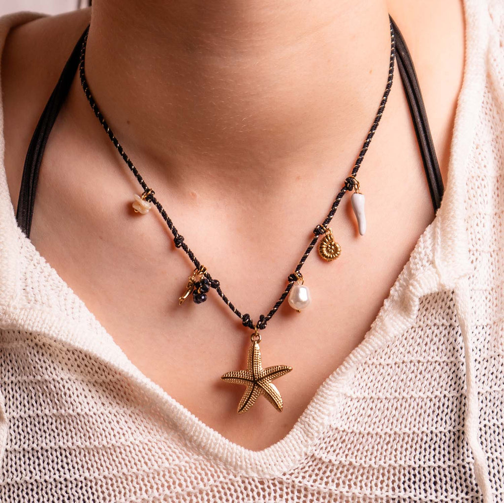 NECKLACE HANDMADE STARFISH MULTICHARM BLACK 14K GOLD PLATED