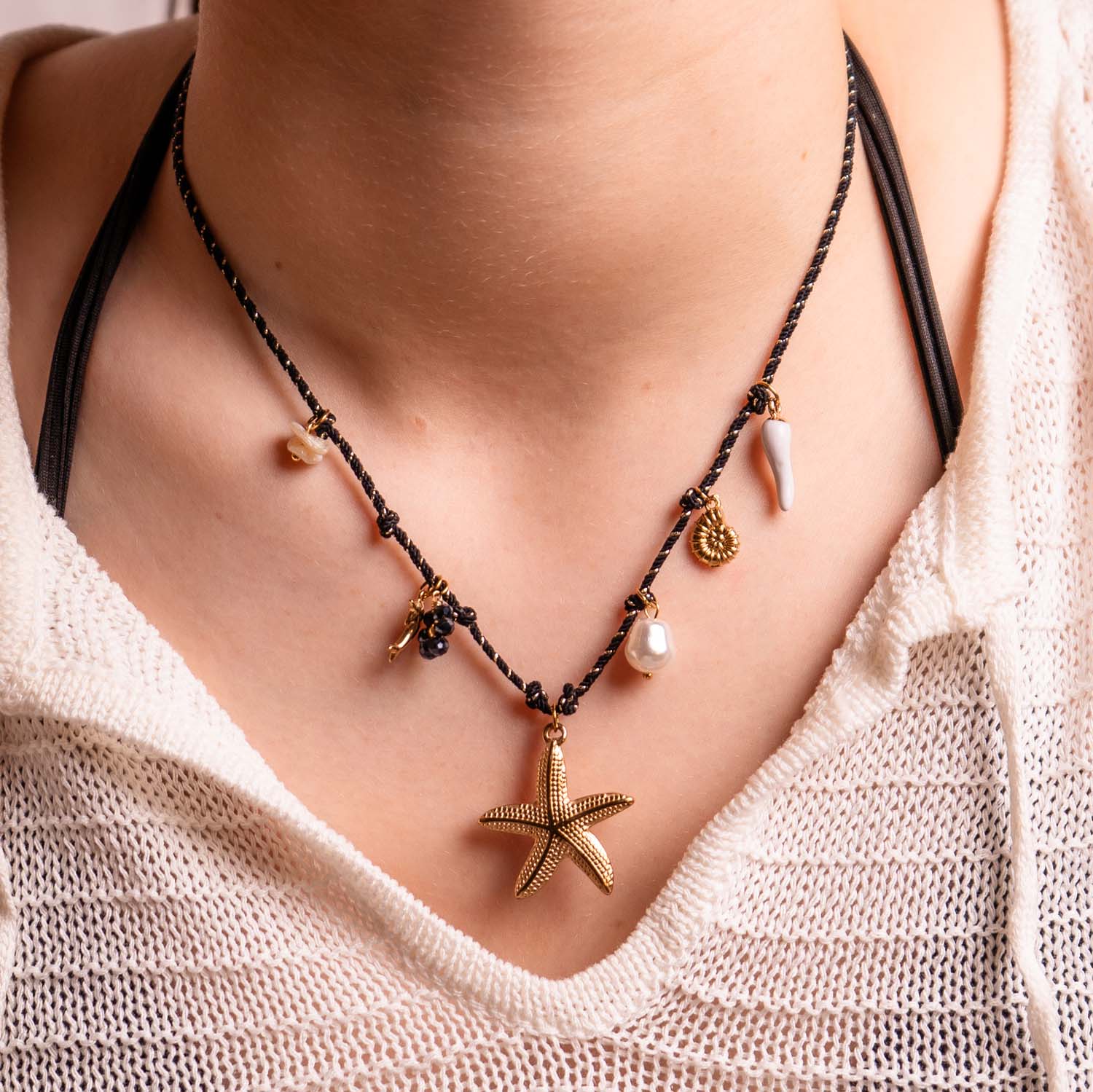 NECKLACE HANDMADE STARFISH MULTICHARM BLACK 14K GOLD PLATED