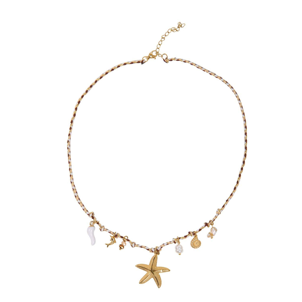 NECKLACE HANDMADE STARFISH MULTICHARM NATURAL 14K GOLD PLATED