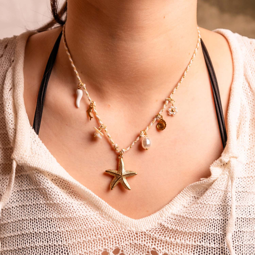 NECKLACE HANDMADE STARFISH MULTICHARM NATURAL 14K GOLD PLATED
