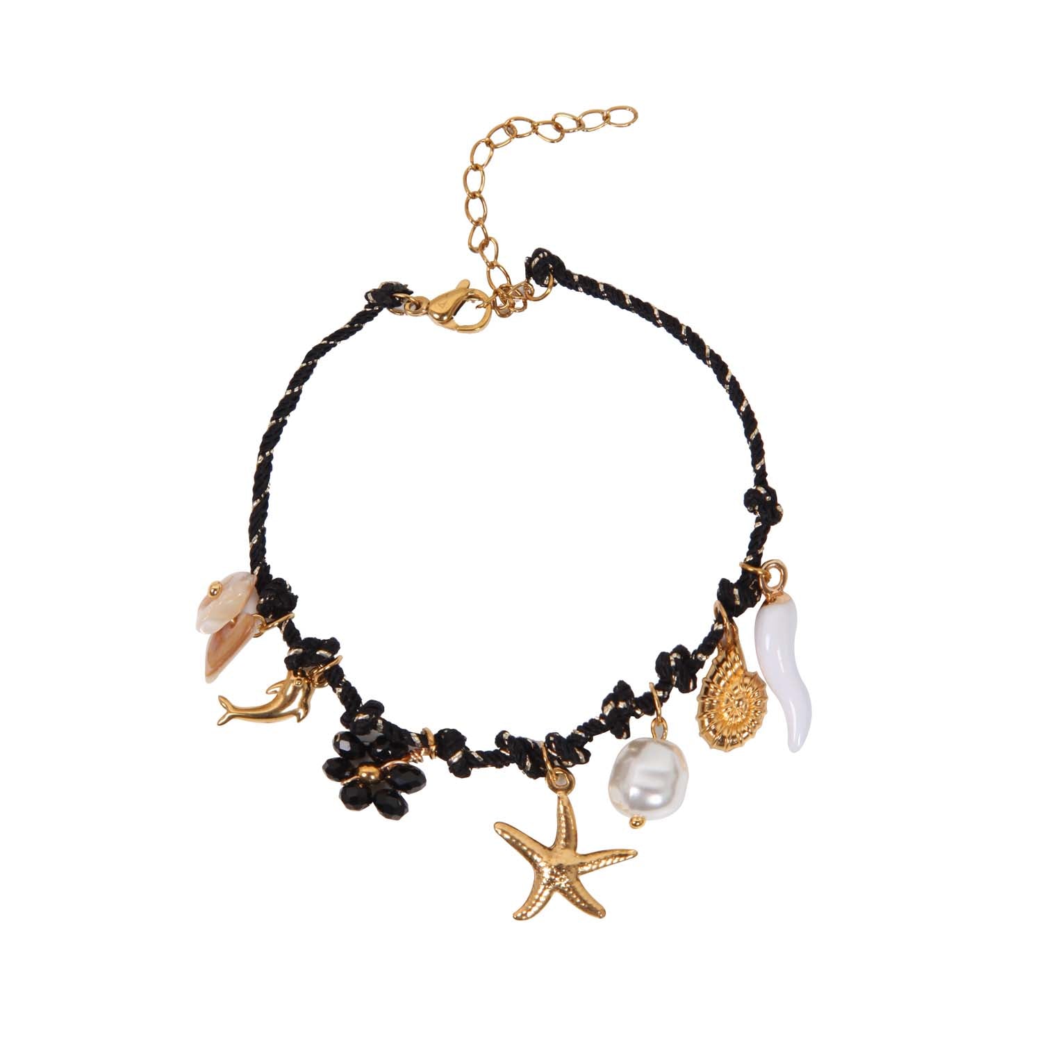 BRACELET HANDMADE STARFISH MULTICHARM BLACK 14K GOLD PLATED