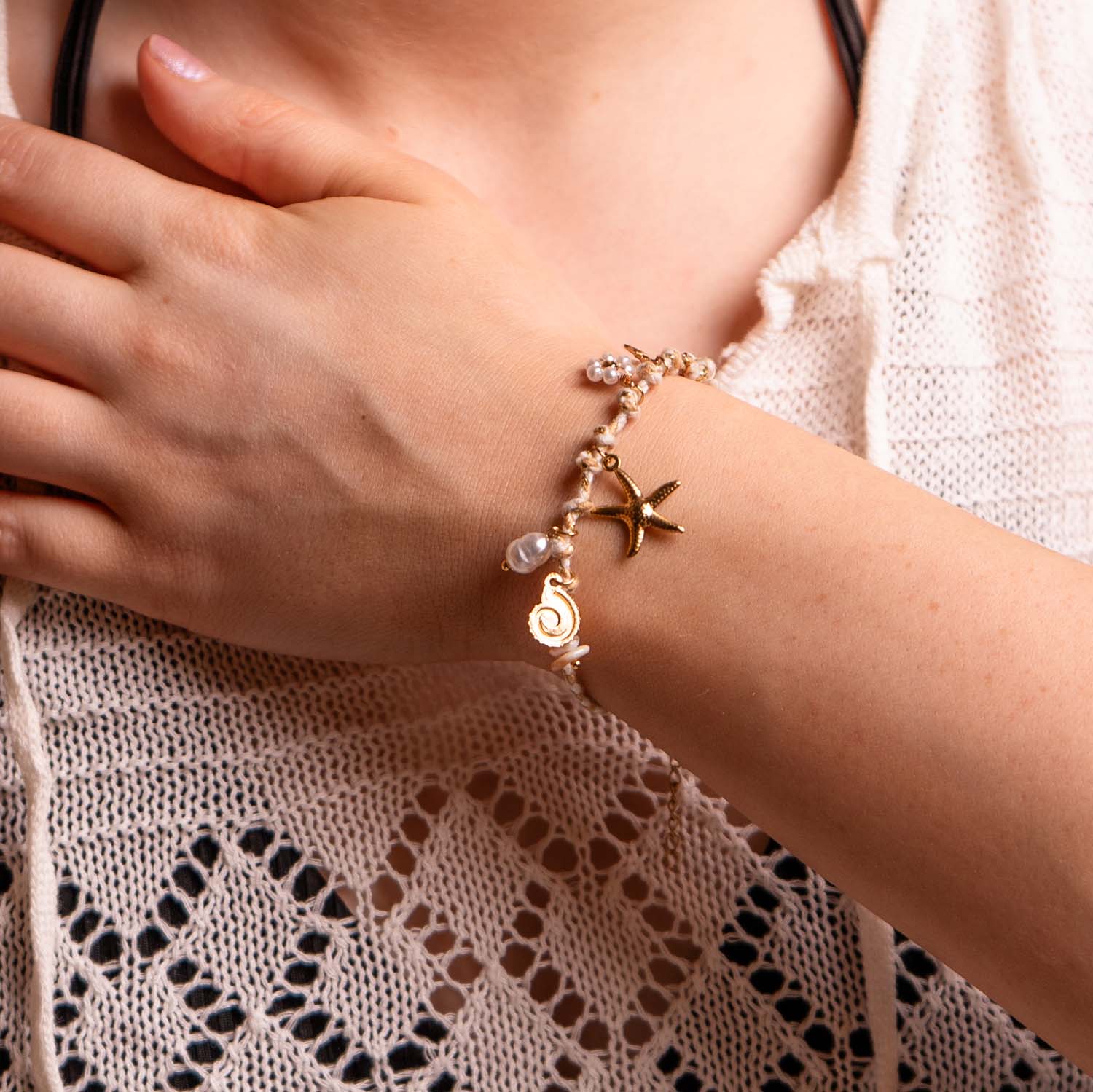 BRACELET HANDMADE STARFISH MULTICHARM NATURAL 14K GOLD PLATED