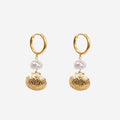 DROP EARRING SHELL AND PEARL 14K GOLD PLATED