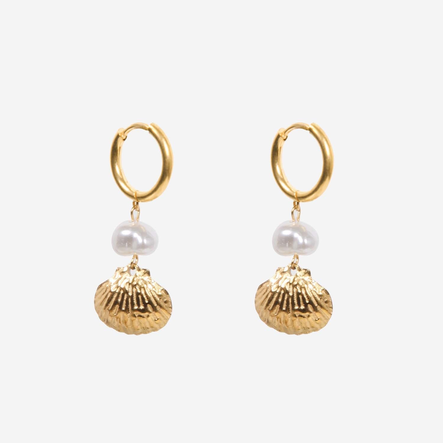 DROP EARRING SHELL AND PEARL 14K GOLD PLATED