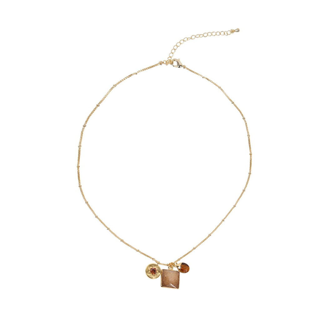 NECKLACE GEM SLICE TRIPLE CHARMS RUTILATED QUARTZ 14K GOLD PLATED