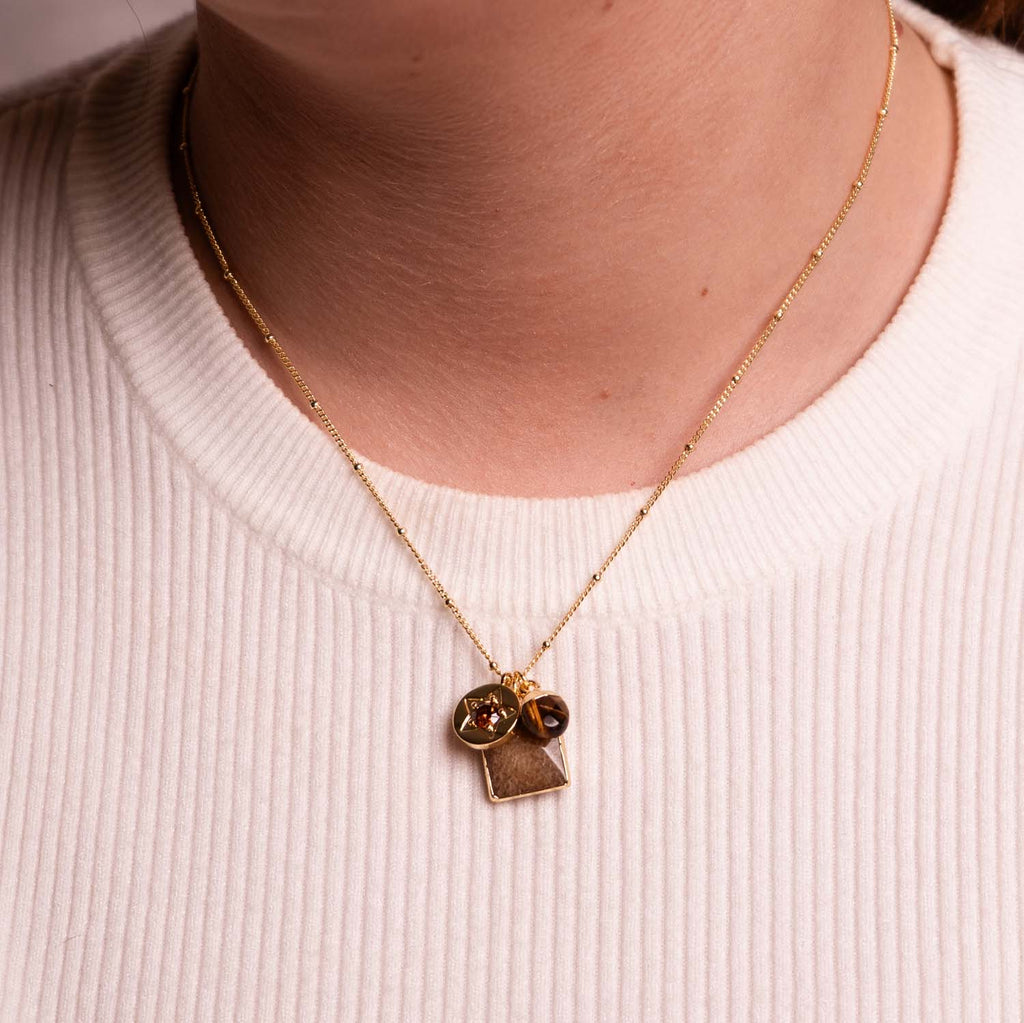 NECKLACE GEM SLICE TRIPLE CHARMS RUTILATED QUARTZ 14K GOLD PLATED