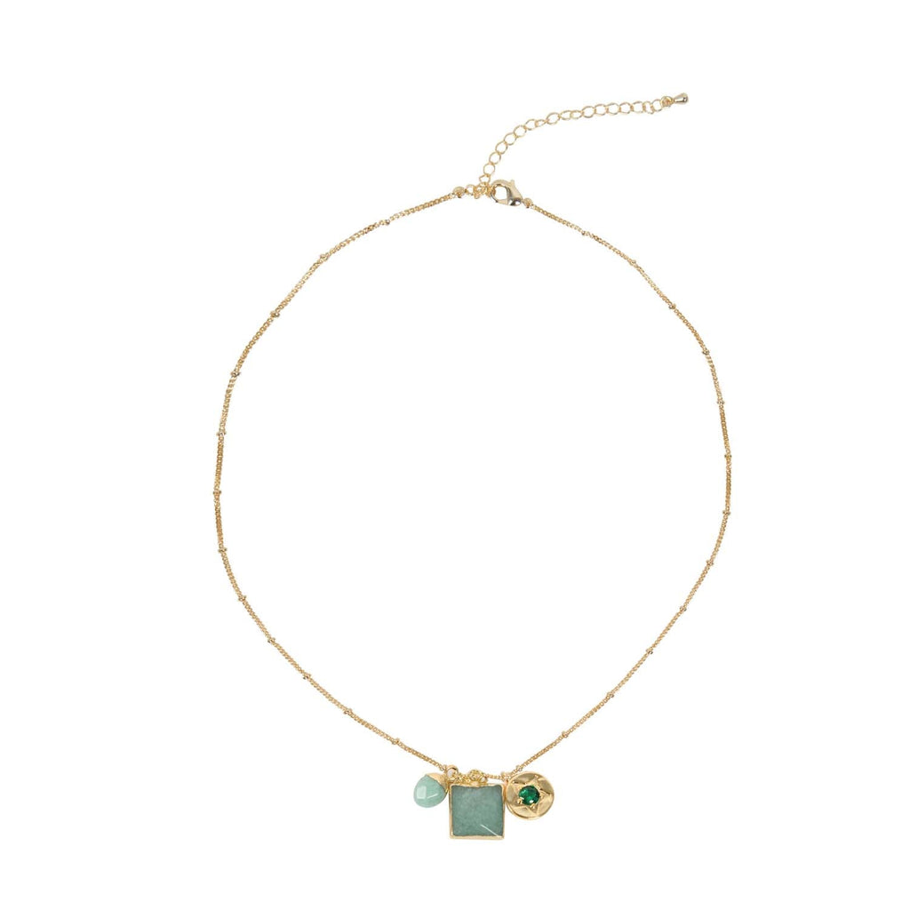 NECKLACE GEM SLICE TRIPLE CHARMS AMAZONITE 14K GOLD PLATED