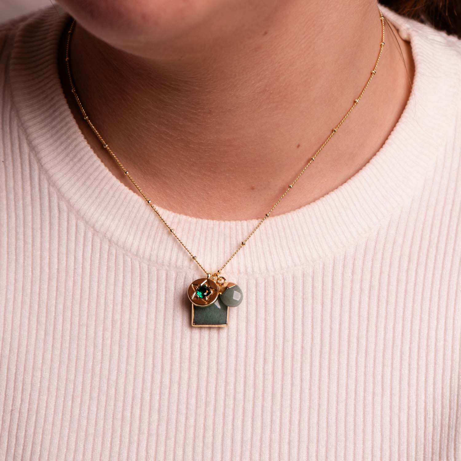 NECKLACE GEM SLICE TRIPLE CHARMS AMAZONITE 14K GOLD PLATED