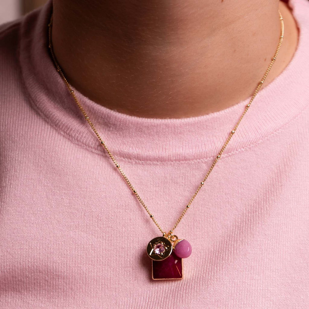 NECKLACE GEM SLICE TRIPLE CHARMS HOT PINK QUARTZ 14K GOLD PLATED