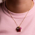 NECKLACE GEM SLICE TRIPLE CHARMS HOT PINK QUARTZ 14K GOLD PLATED