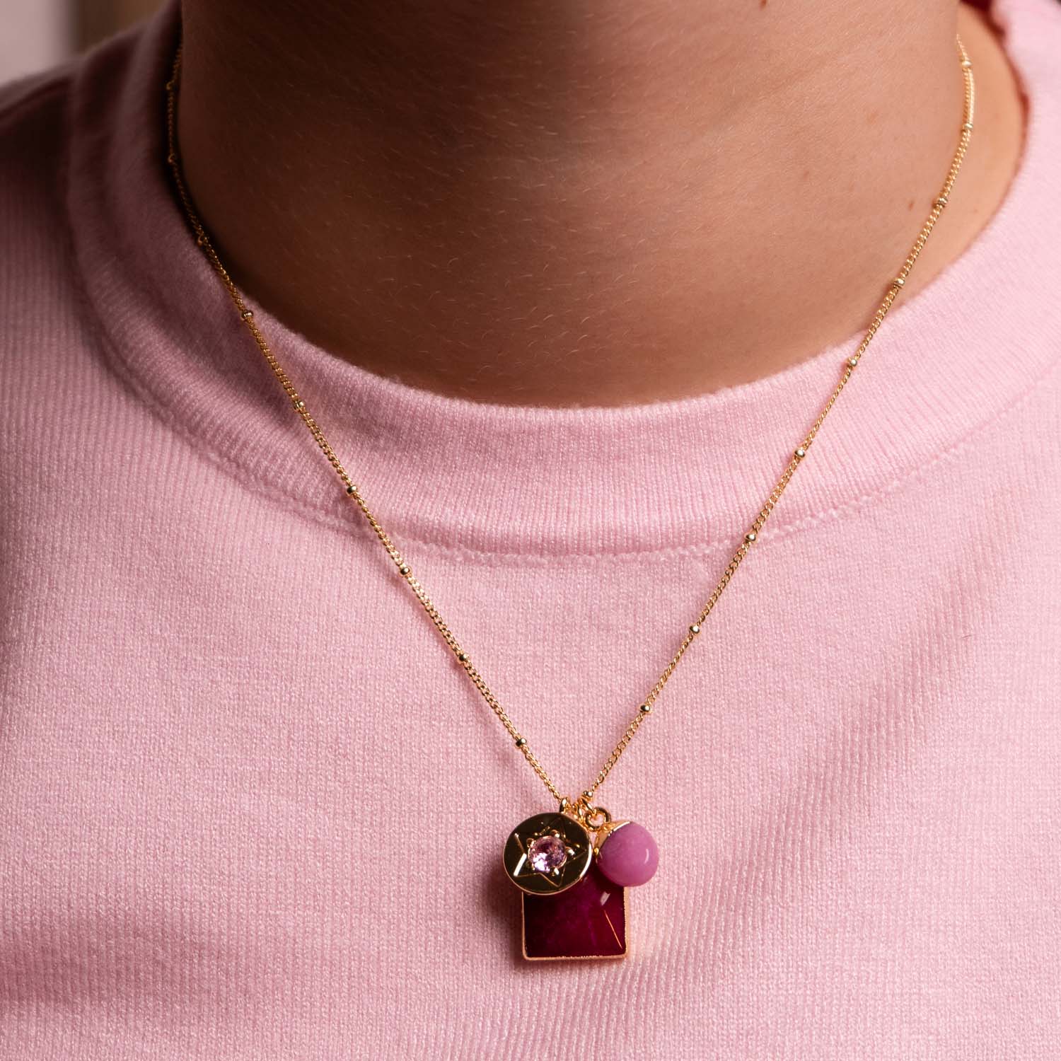 NECKLACE GEM SLICE TRIPLE CHARMS HOT PINK QUARTZ 14K GOLD PLATED