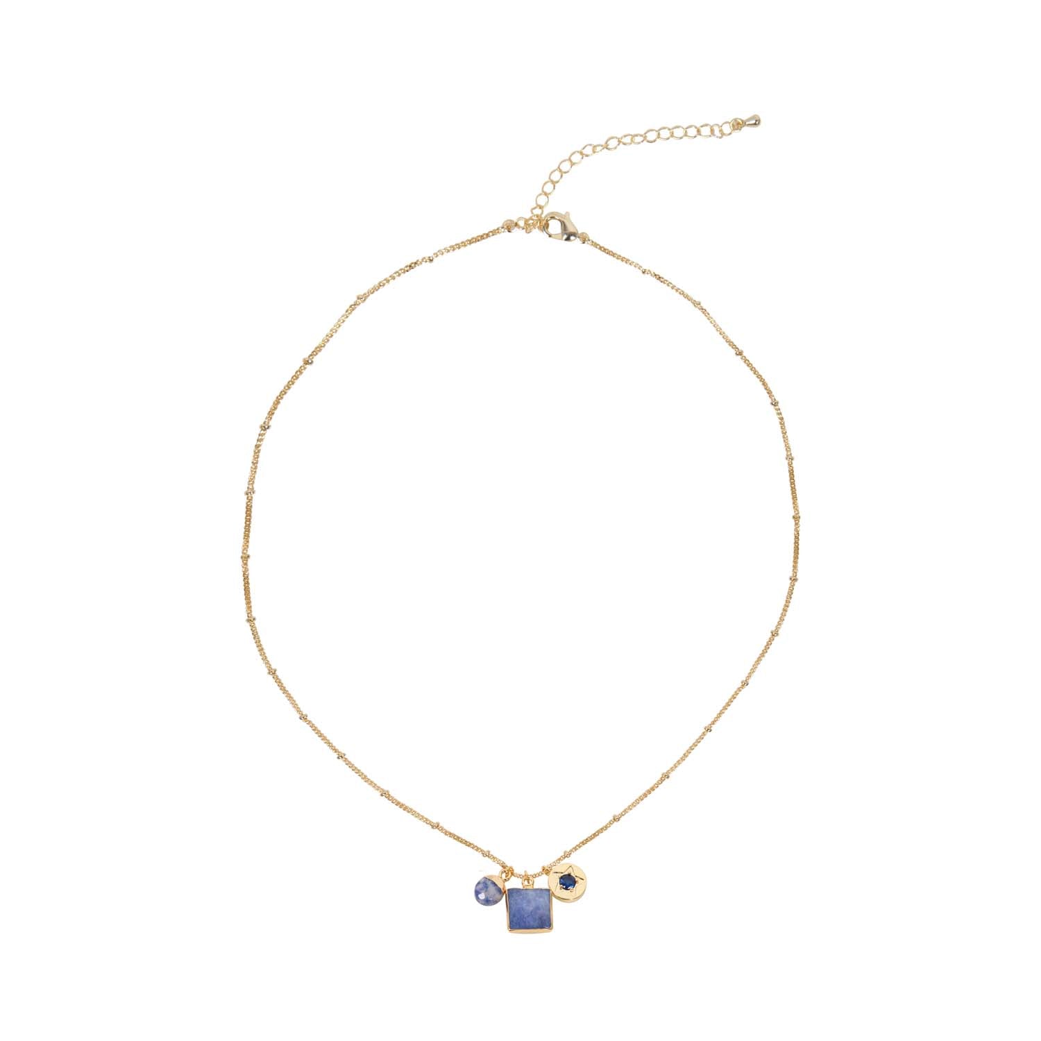 NECKLACE GEM SLICE TRIPLE CHARMS HYACINTH QUARTZ 14K GOLD PLATED