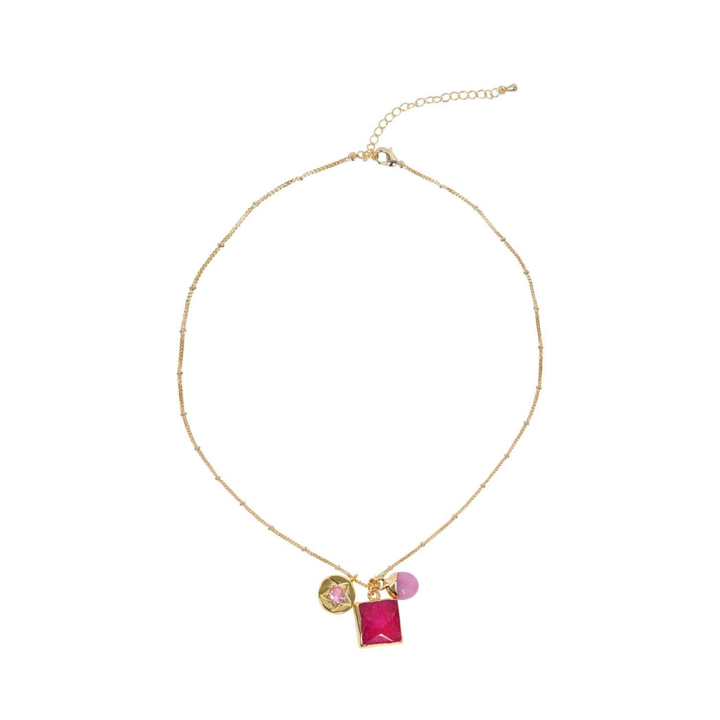 NECKLACE GEM SLICE TRIPLE CHARMS HOT PINK QUARTZ 14K GOLD PLATED