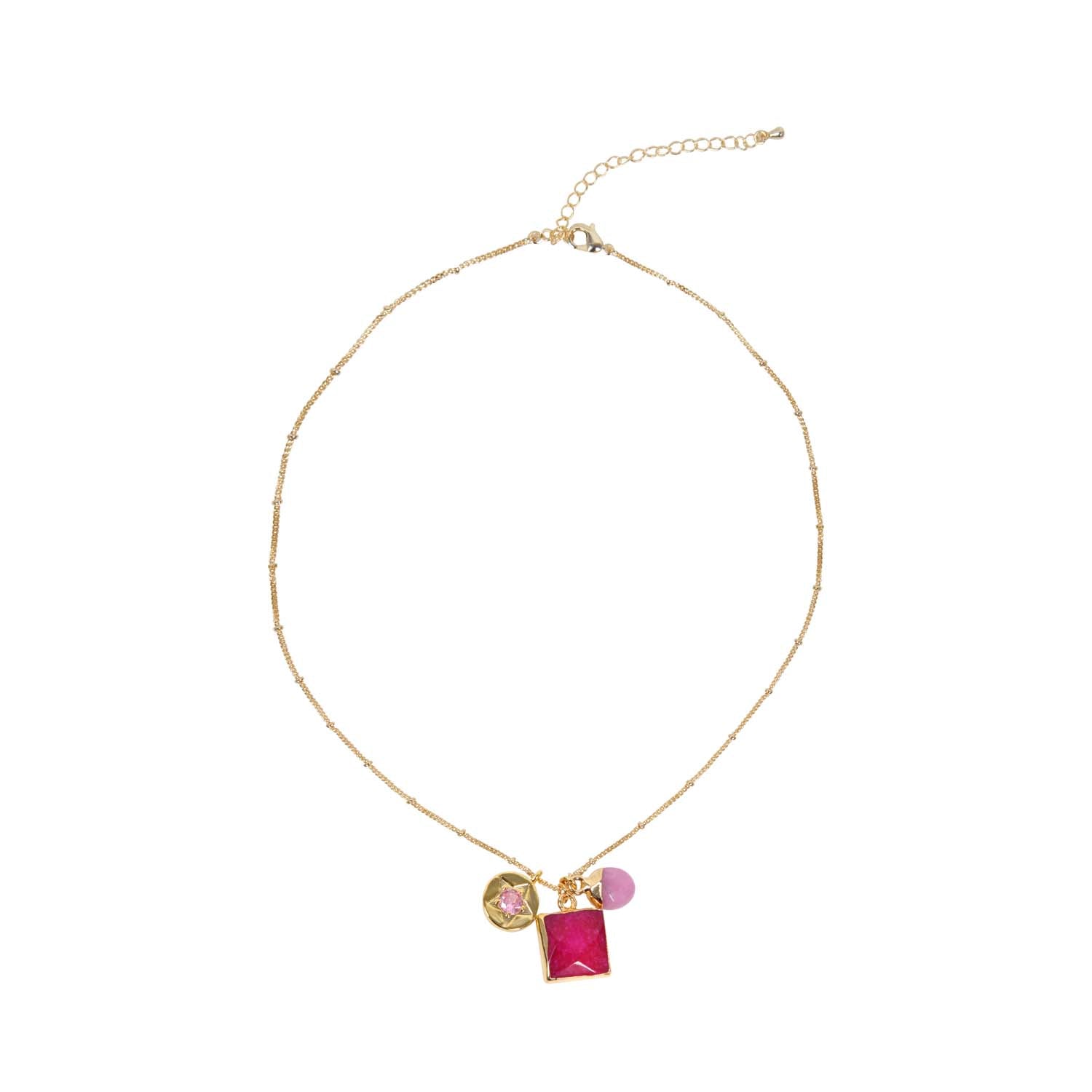 NECKLACE GEM SLICE TRIPLE CHARMS HOT PINK QUARTZ 14K GOLD PLATED