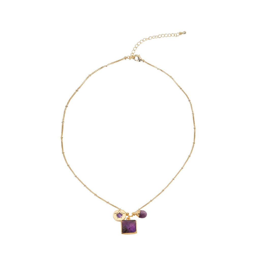 NECKLACE GEM SLICE TRIPLE CHARMS AMETHIST 14K GOLD PLATED