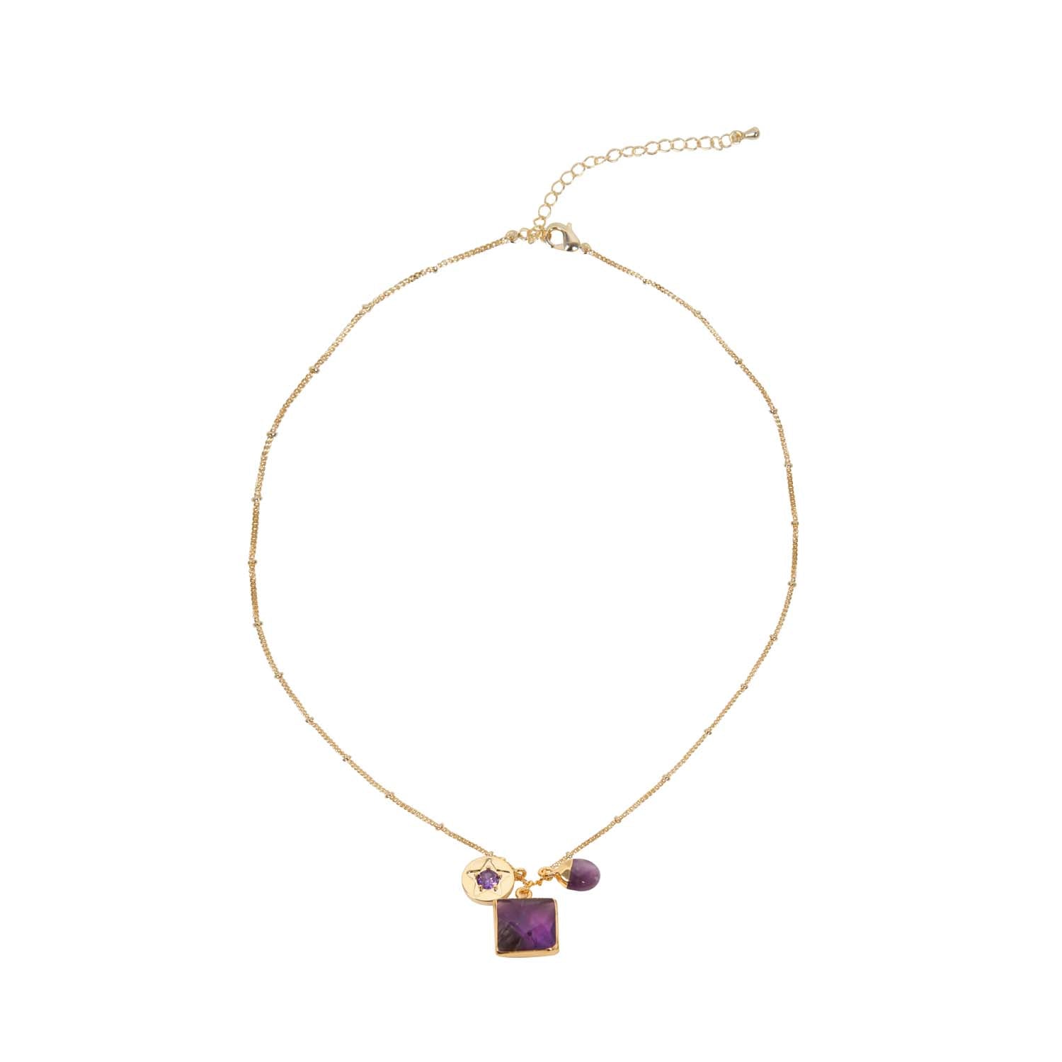 NECKLACE GEM SLICE TRIPLE CHARMS AMETHIST 14K GOLD PLATED