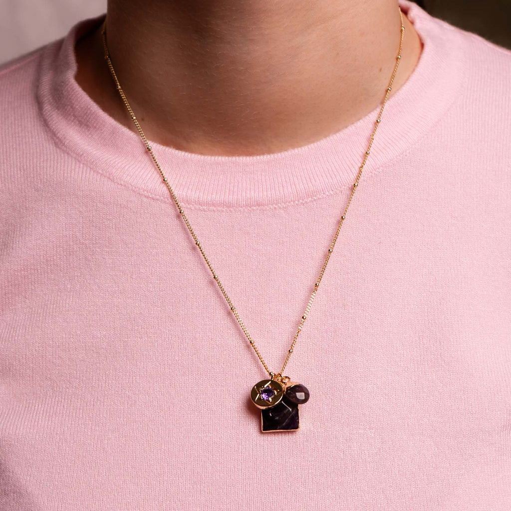 NECKLACE GEM SLICE TRIPLE CHARMS AMETHIST 14K GOLD PLATED