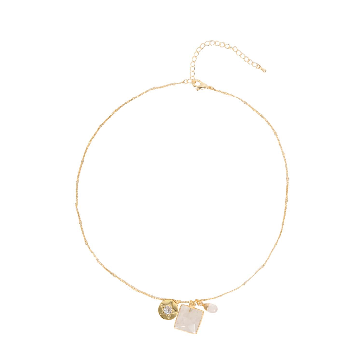 NECKLACE GEM SLICE TRIPLE CHARMS CRYSTAL QUARTZ 14K GOLD PLATED