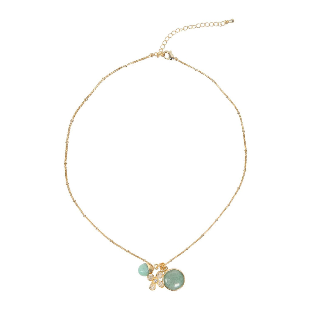 NECKLACE GEM SLICE ROUND TRIPLE CHARMS AMAZONITE 14K GOLD PLATED