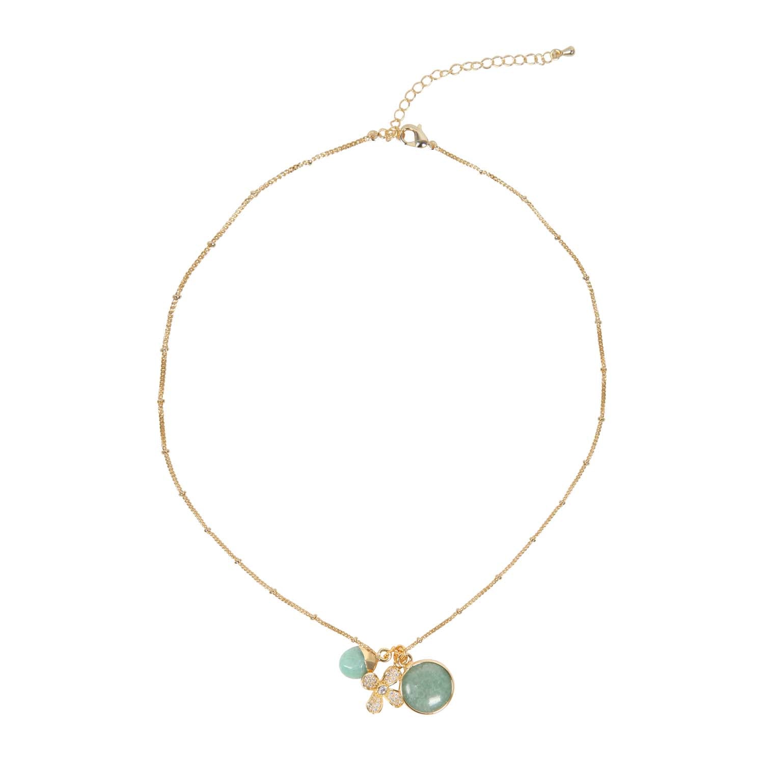 NECKLACE GEM SLICE ROUND TRIPLE CHARMS AMAZONITE 14K GOLD PLATED