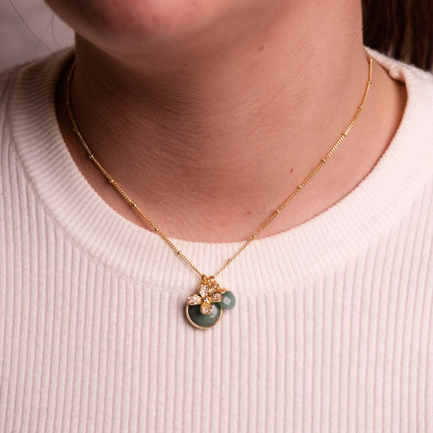 NECKLACE GEM SLICE ROUND TRIPLE CHARMS AMAZONITE 14K GOLD PLATED