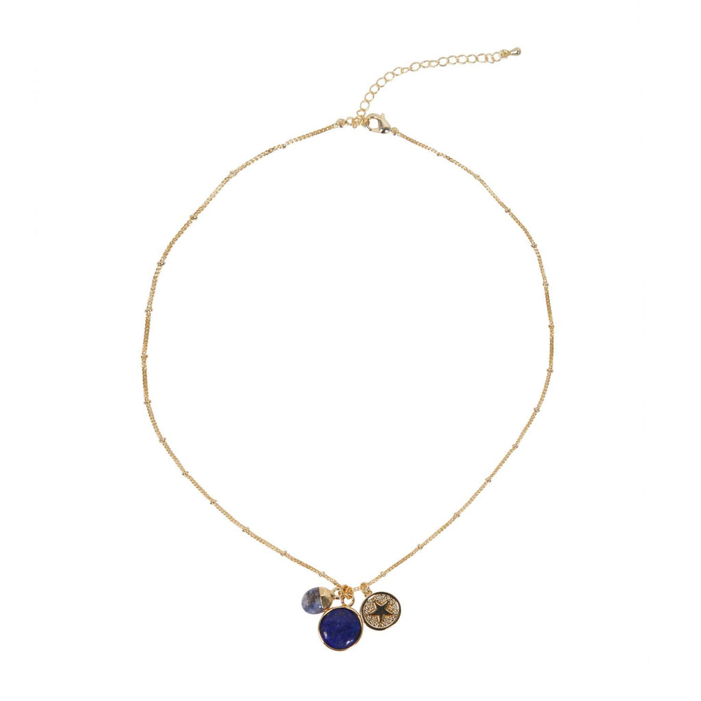 NECKLACE GEM SLICE ROUND TRIPLE CHARMS SODALITE 14K GOLD PLATED