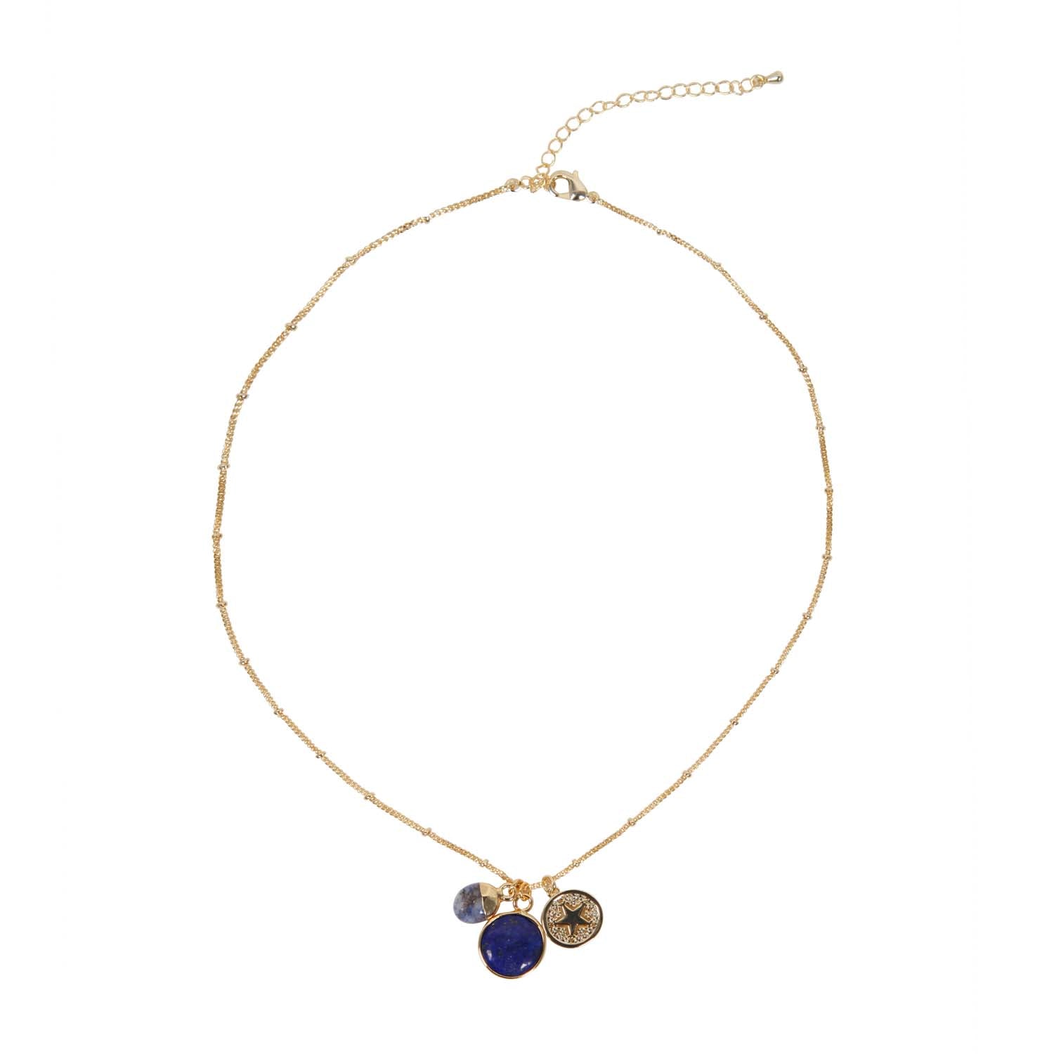 NECKLACE GEM SLICE ROUND TRIPLE CHARMS SODALITE 14K GOLD PLATED