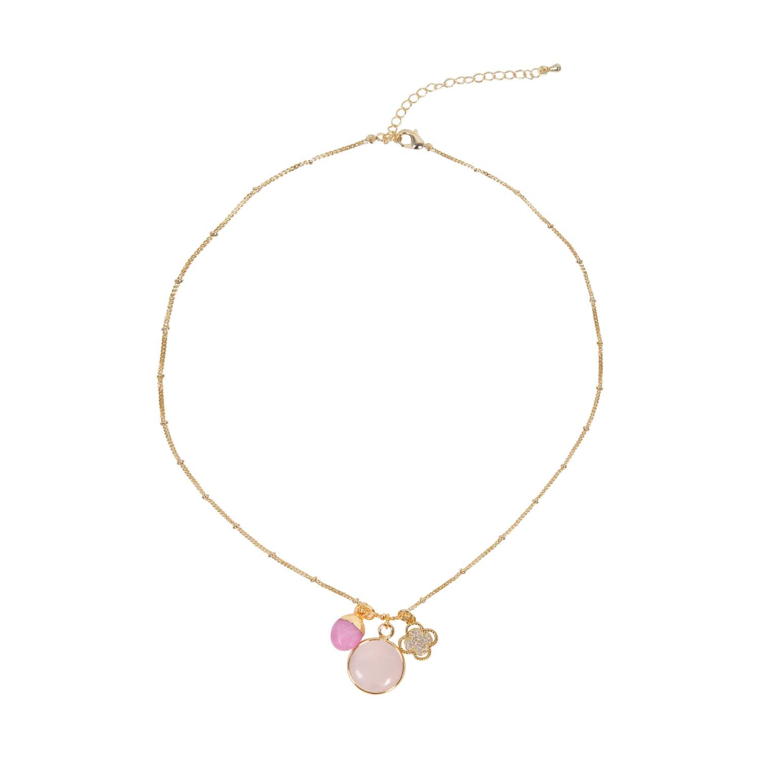 NECKLACE GEM SLICE ROUND TRIPLE CHARMSROSE QUARTZ 14K GOLD PLATED