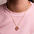 NECKLACE GEM SLICE ROUND TRIPLE CHARMSROSE QUARTZ 14K GOLD PLATED